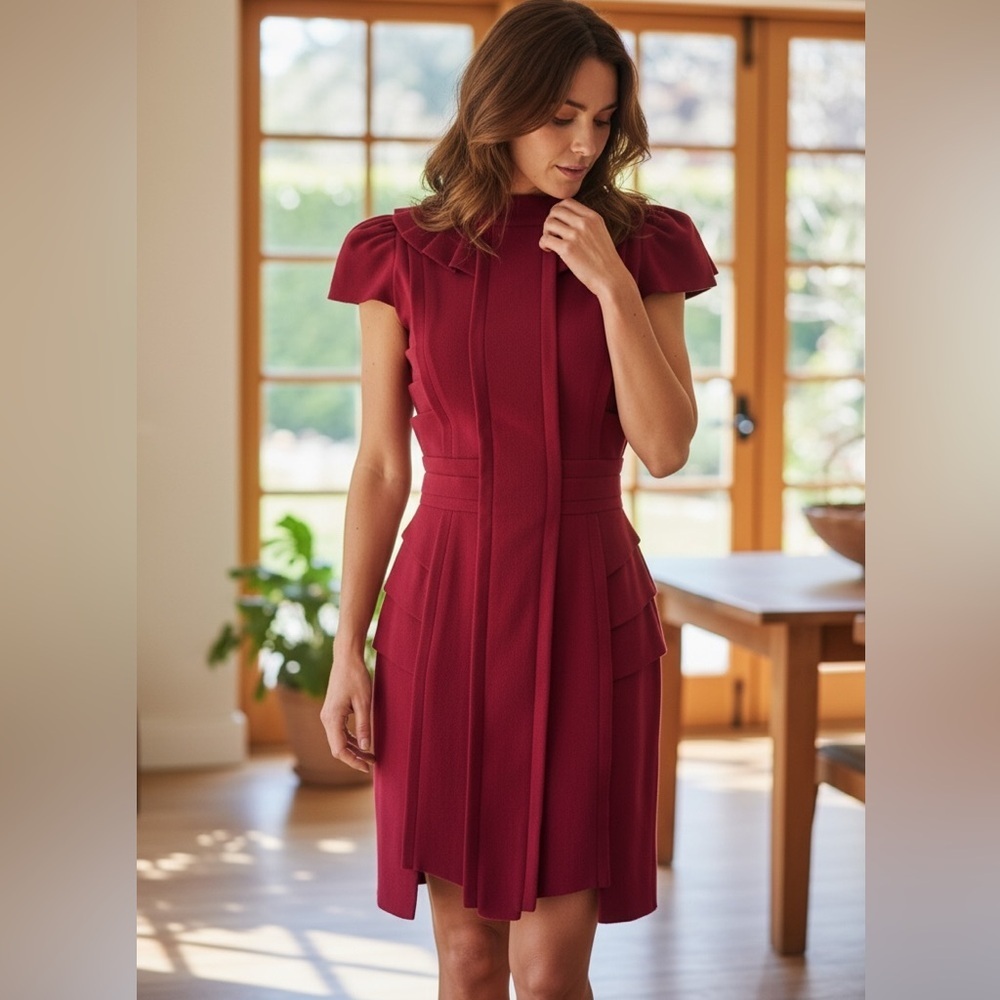 TEMPERLEY LONDON silk blend dress, size 6, rosy red, pleating, asymmetrical hem.